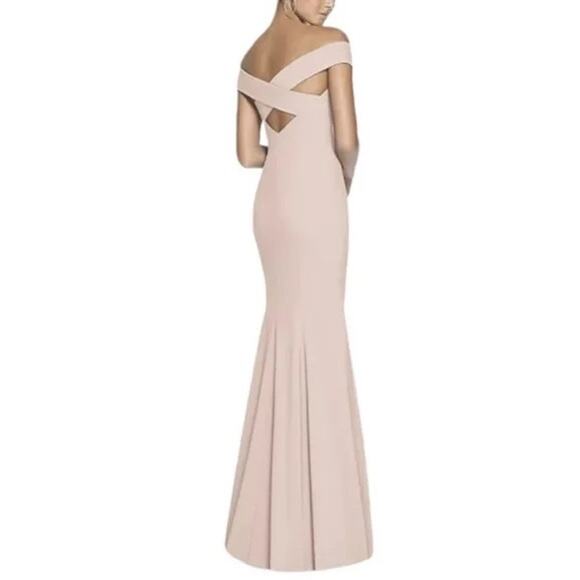 Dessy Off-The-Shoulder Criss Cross Back Trumpet Bridesmaid Gown in Blush Pink - Picture 3 of 9